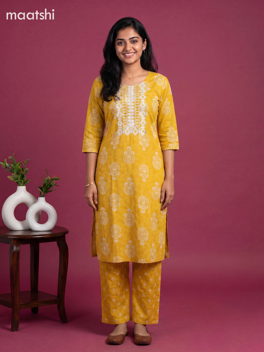 Yellow Cotton Printed & Simple Embroidery Work Straight Suit
