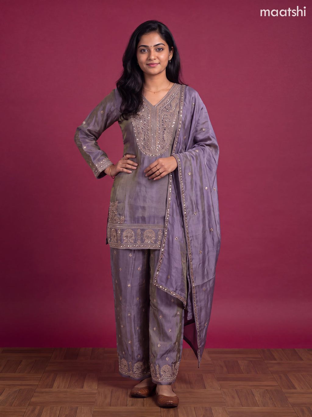 Lavender Tissue Embroidery Work Straight Suit
