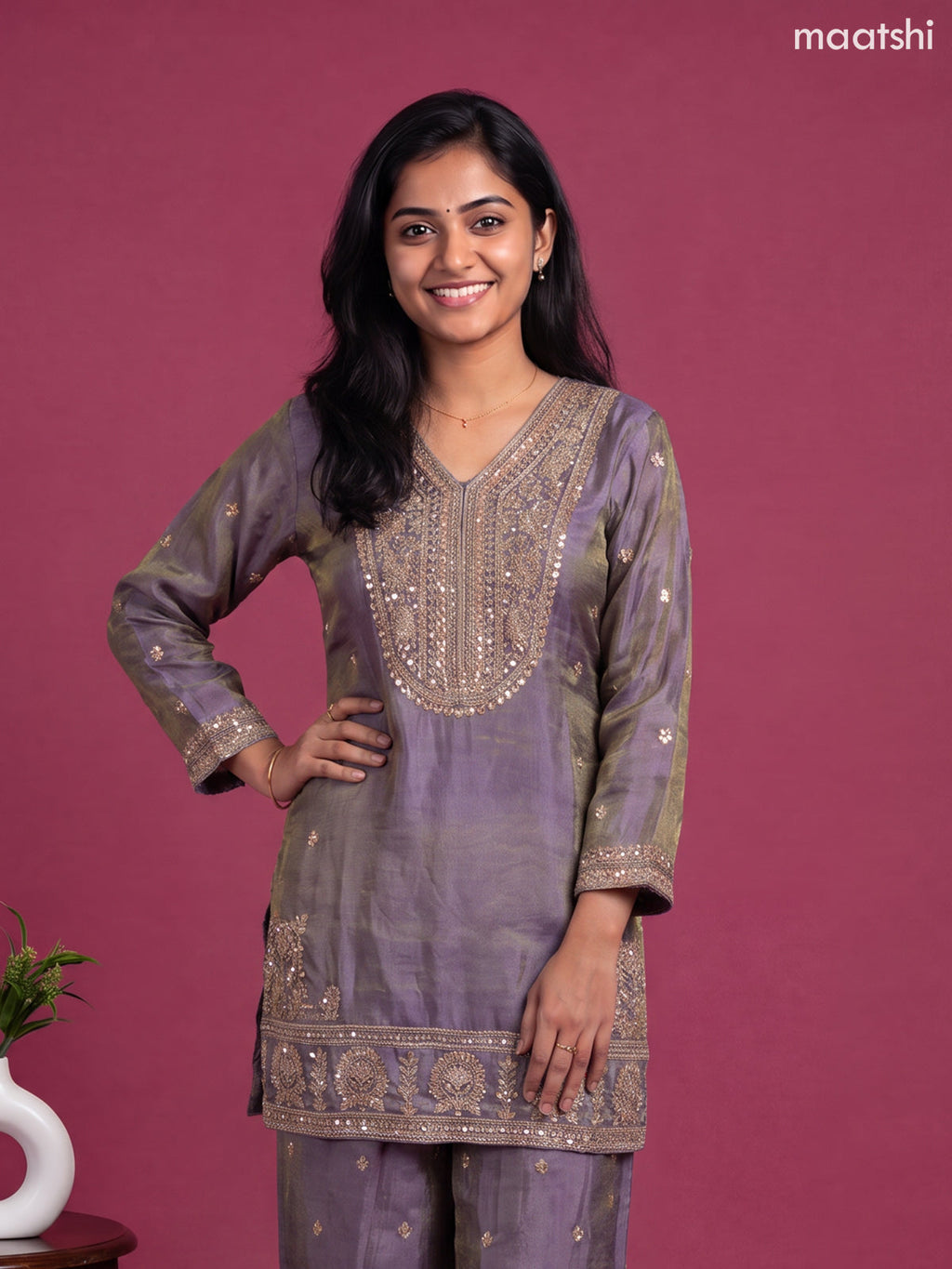 Lavender Tissue Embroidery Work Straight Suit