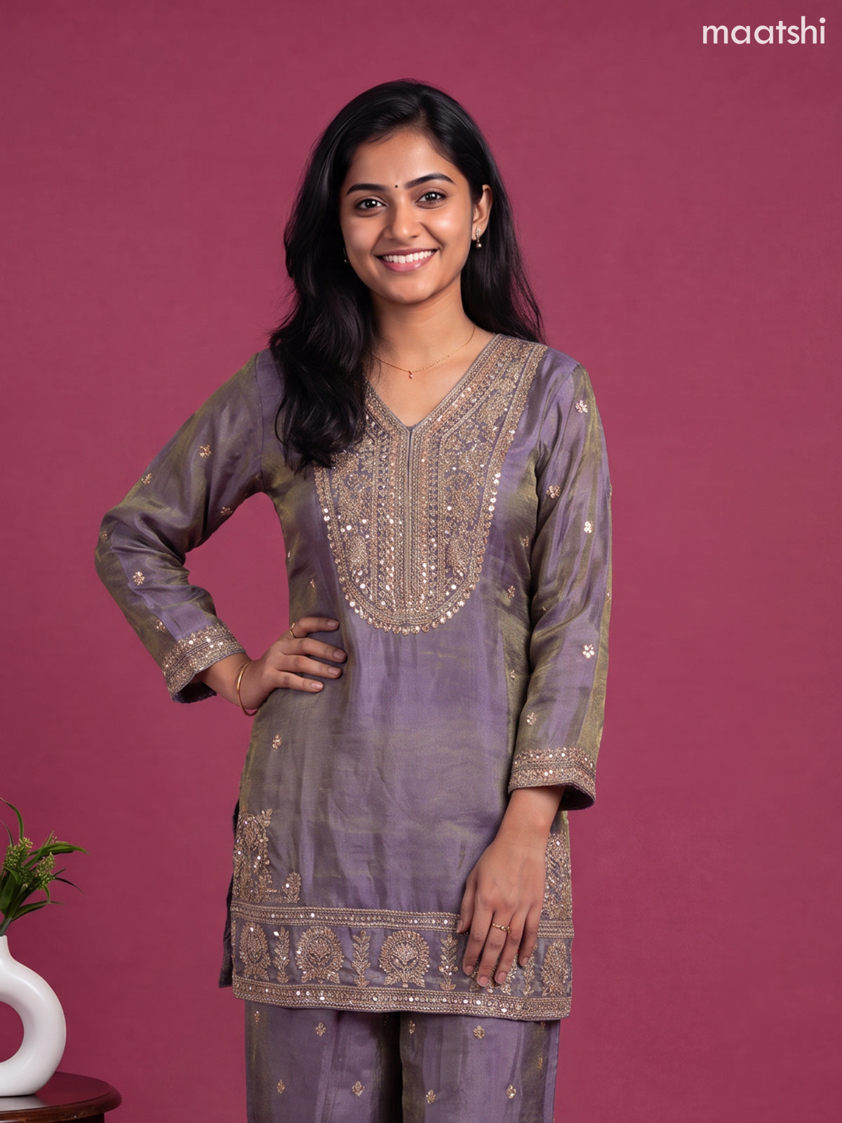 Lavender Tissue Embroidery Work Straight Suit