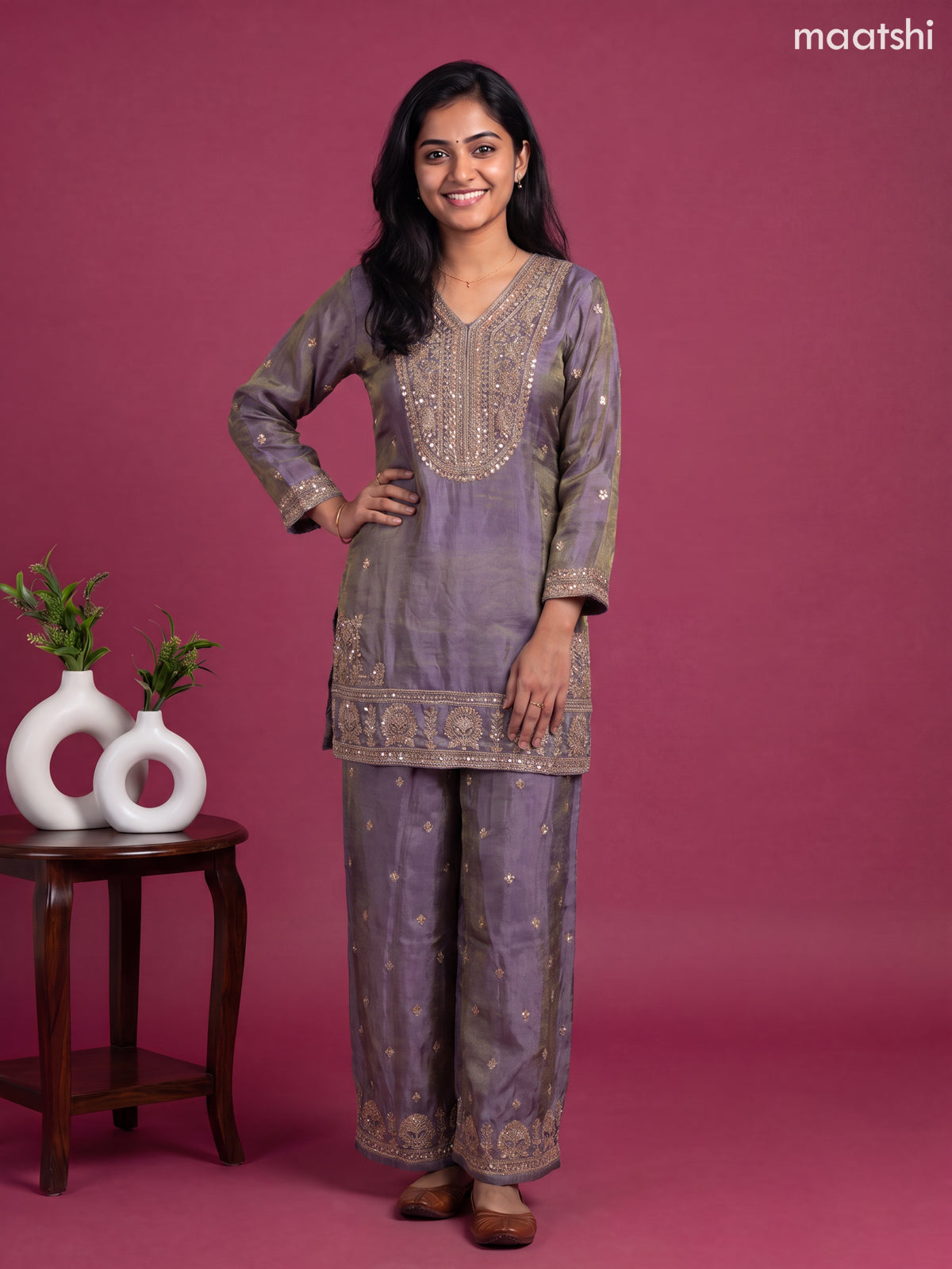 Lavender Tissue Embroidery Work Straight Suit