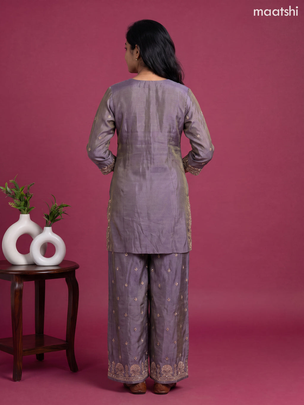 Lavender Tissue Embroidery Work Straight Suit
