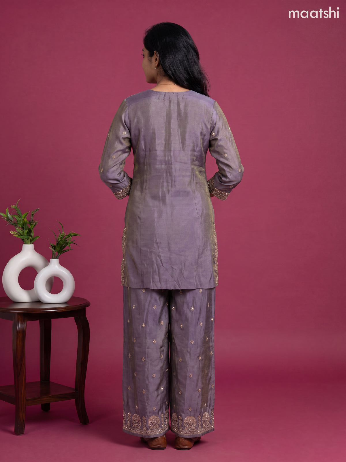 Lavender Tissue Embroidery Work Straight Suit