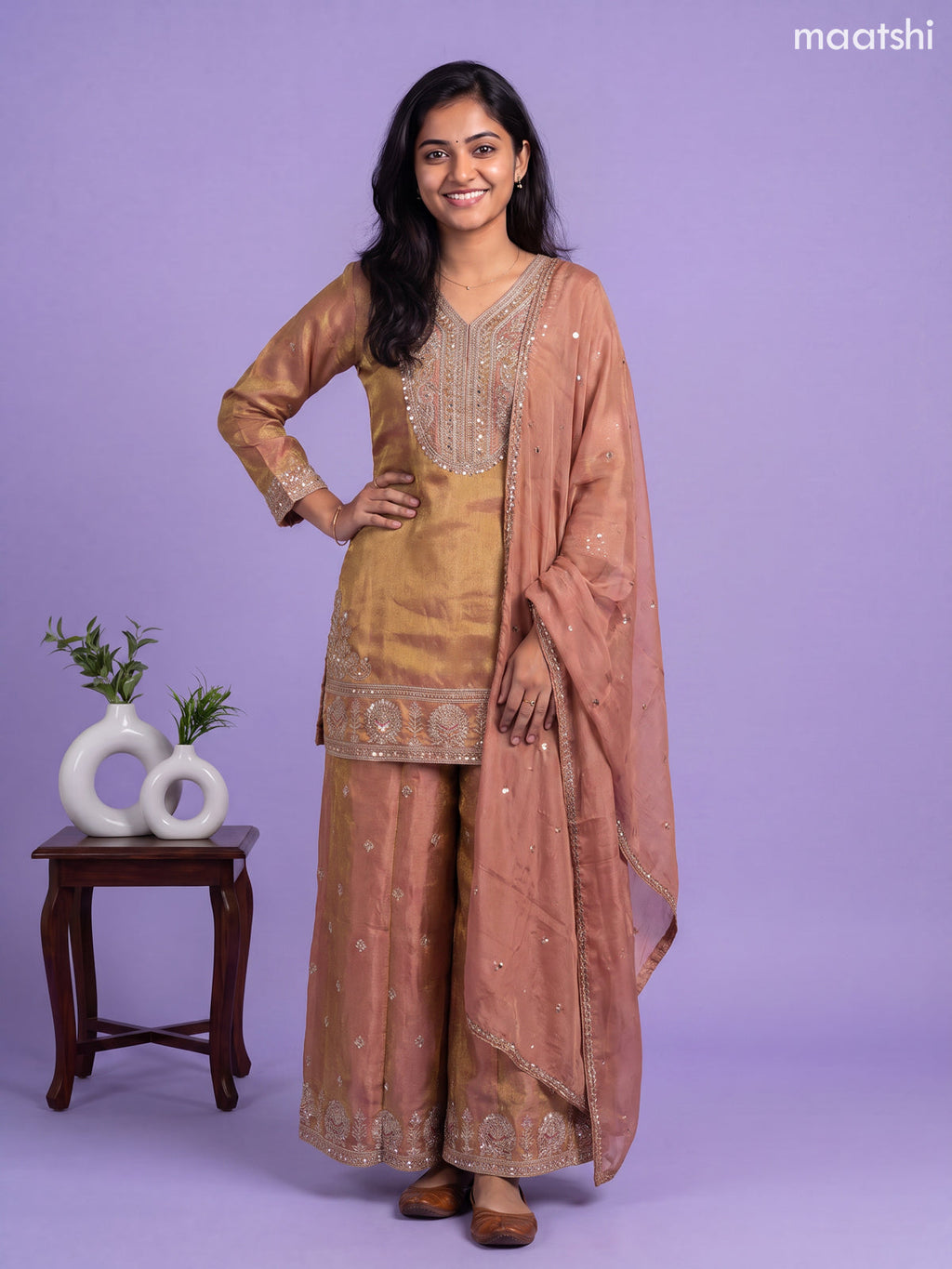 Dark Peach Tissue Embroidery Work Straight Suit
