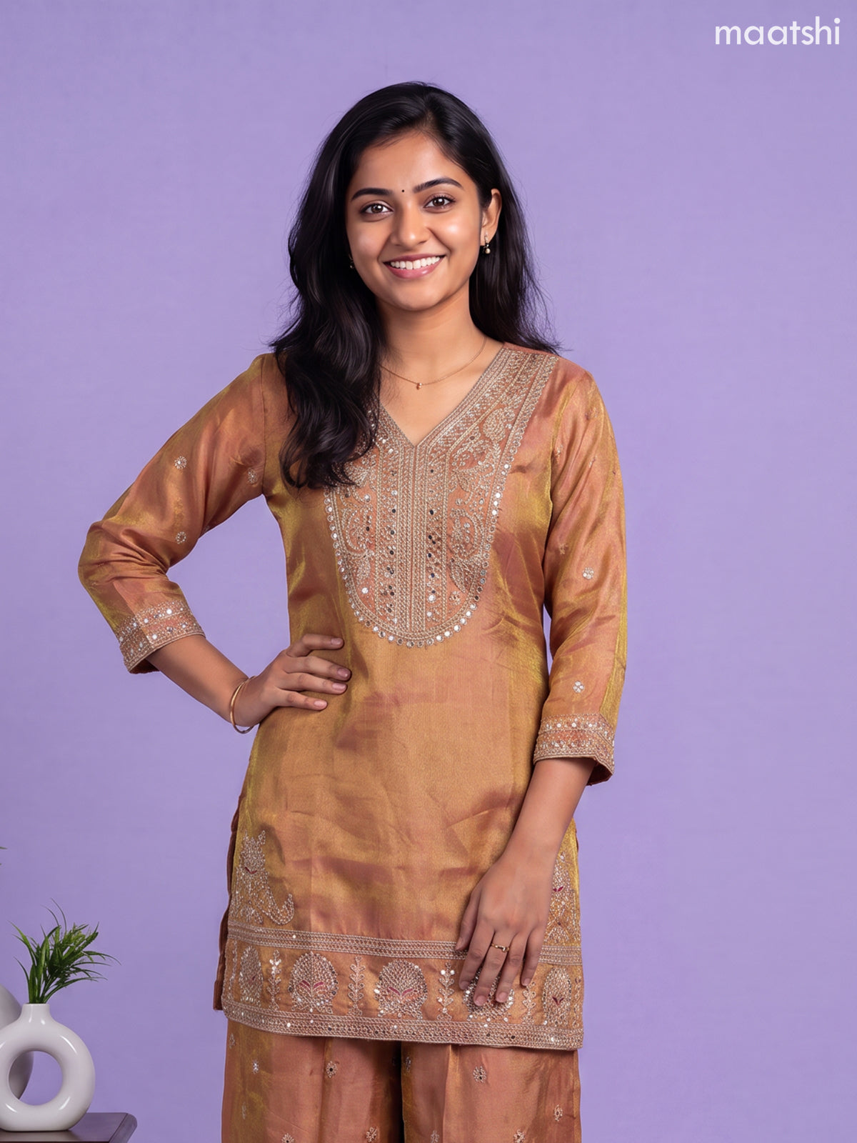Dark Peach Tissue Embroidery Work Straight Suit