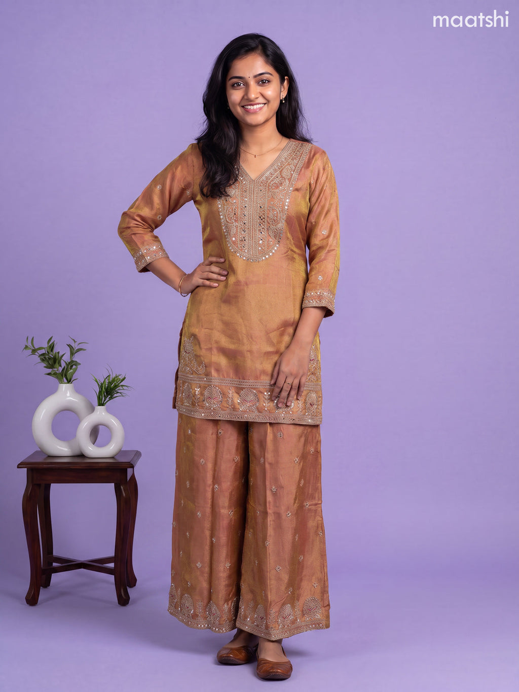 Dark Peach Tissue Embroidery Work Straight Suit