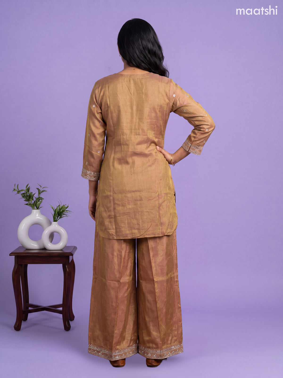 Dark Peach Tissue Embroidery Work Straight Suit