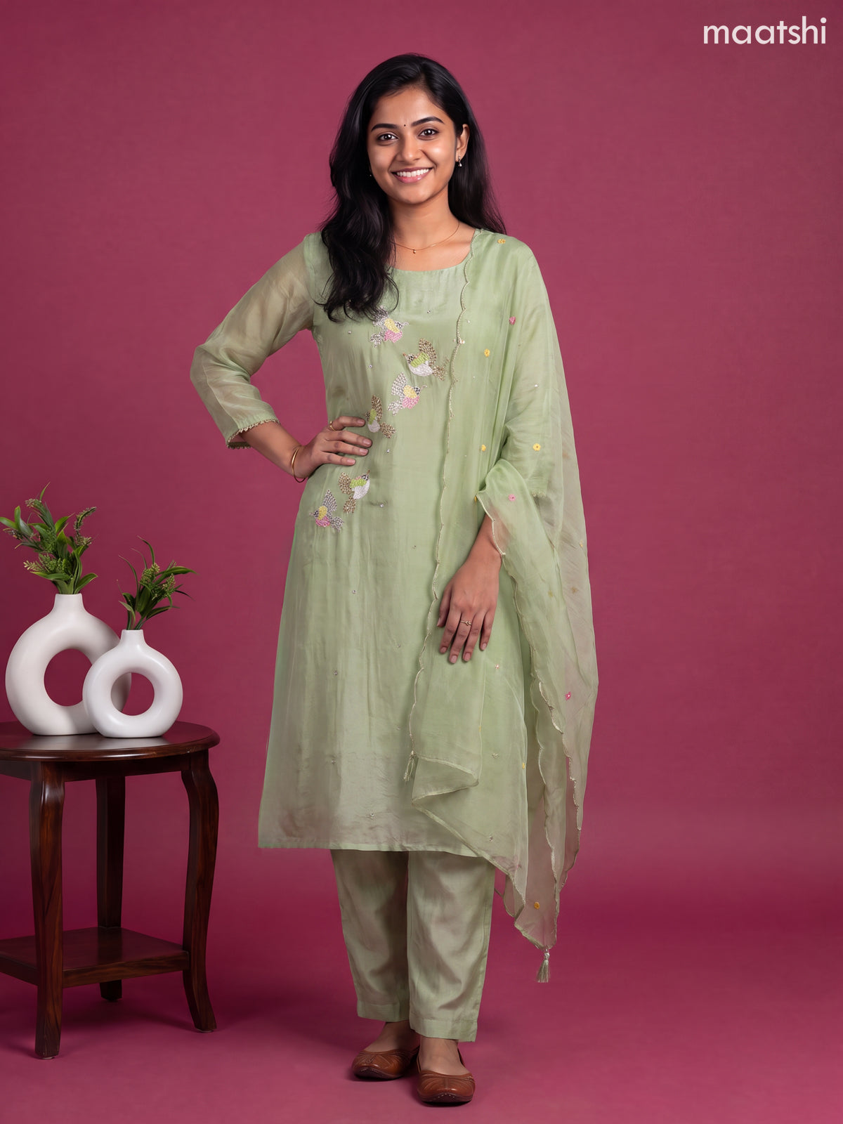 Green Muslin Embroidery Work A-Line Suit