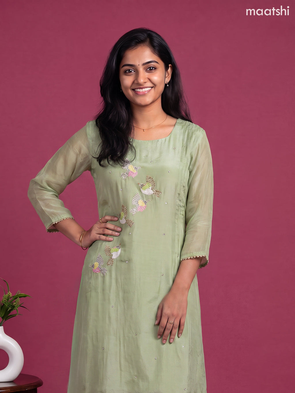 Green Muslin Embroidery Work A-Line Suit