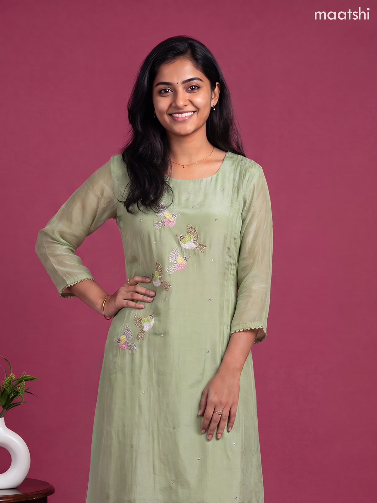 Green Muslin Embroidery Work A-Line Suit