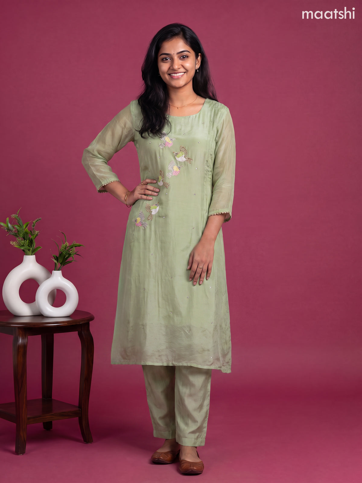 Green Muslin Embroidery Work A-Line Suit