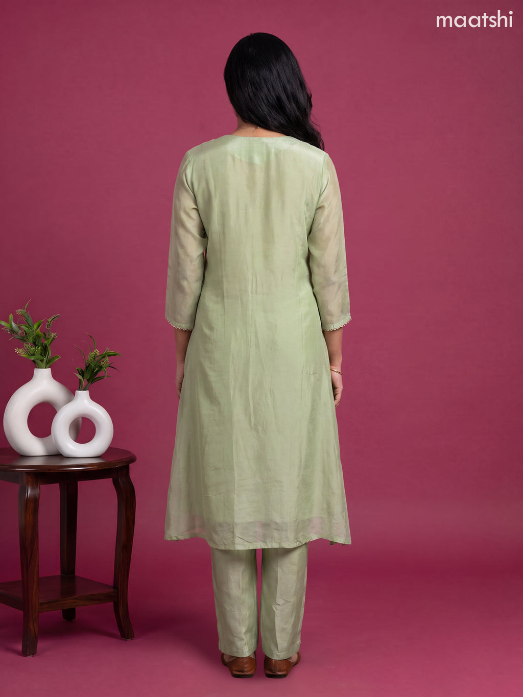 Green Muslin Embroidery Work A-Line Suit