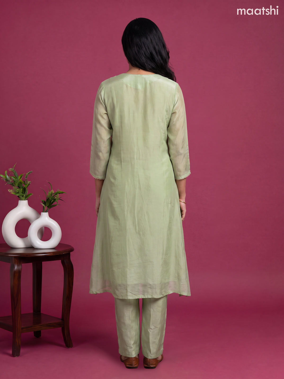 Green Muslin Embroidery Work A-Line Suit