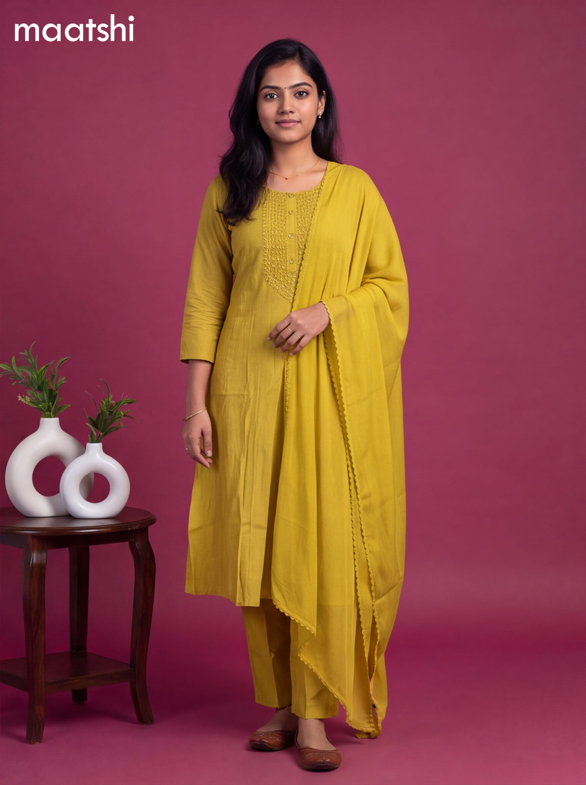 Mustard Yellow Modal Embroidery Work A-Line Suit