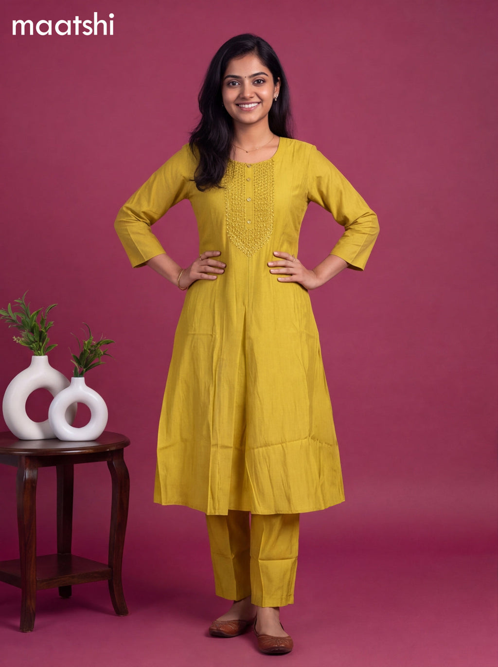 Mustard Yellow Modal Embroidery Work A-Line Suit