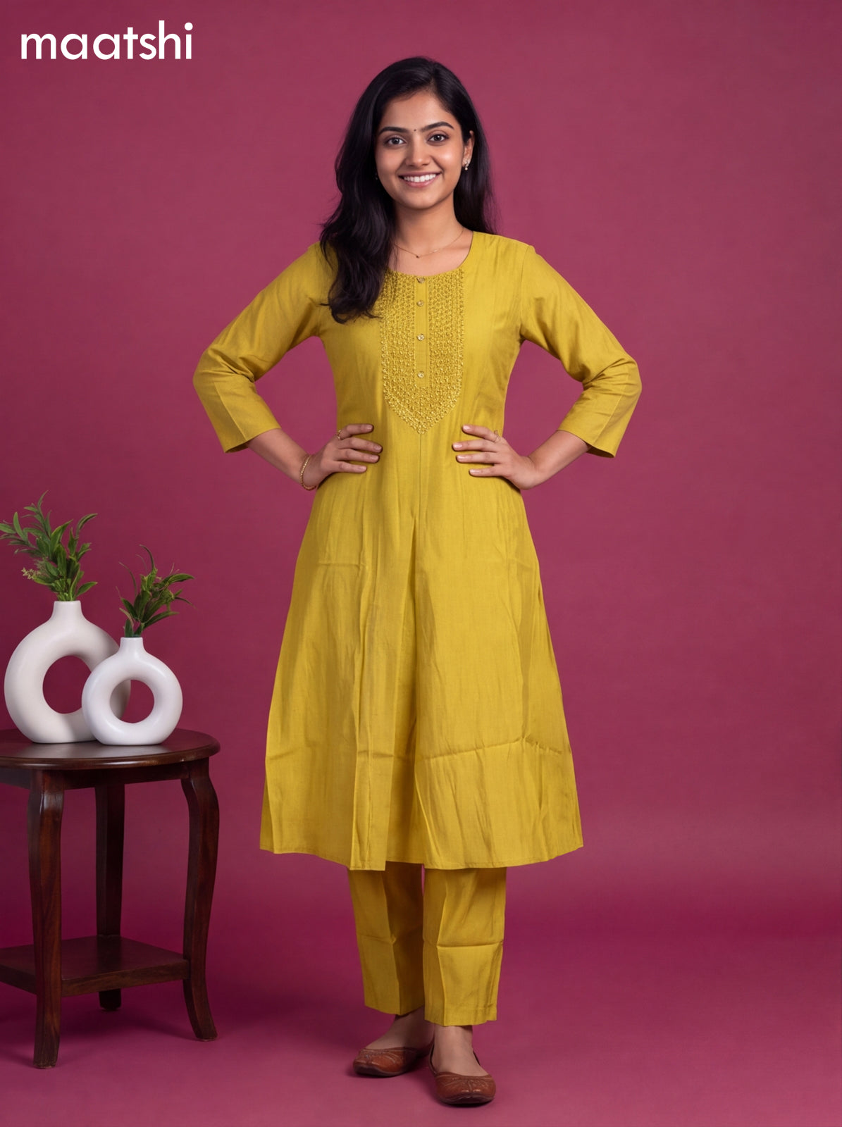 Mustard Yellow Modal Embroidery Work A-Line Suit