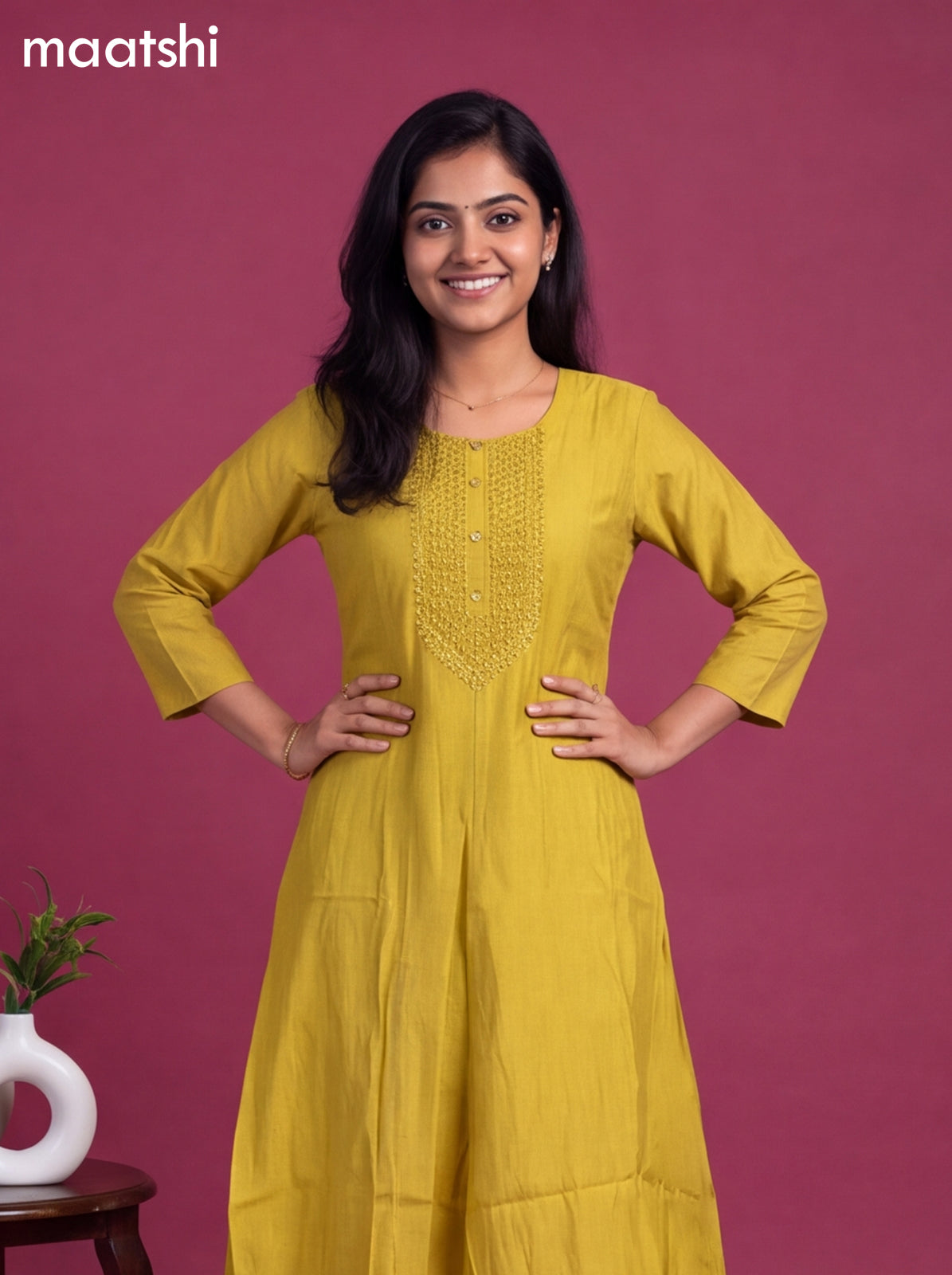 Mustard Yellow Modal Embroidery Work A-Line Suit