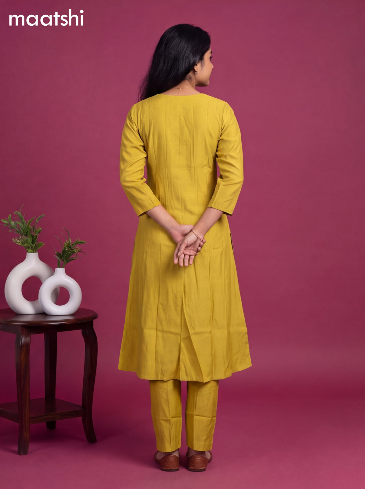 Mustard Yellow Modal Embroidery Work A-Line Suit