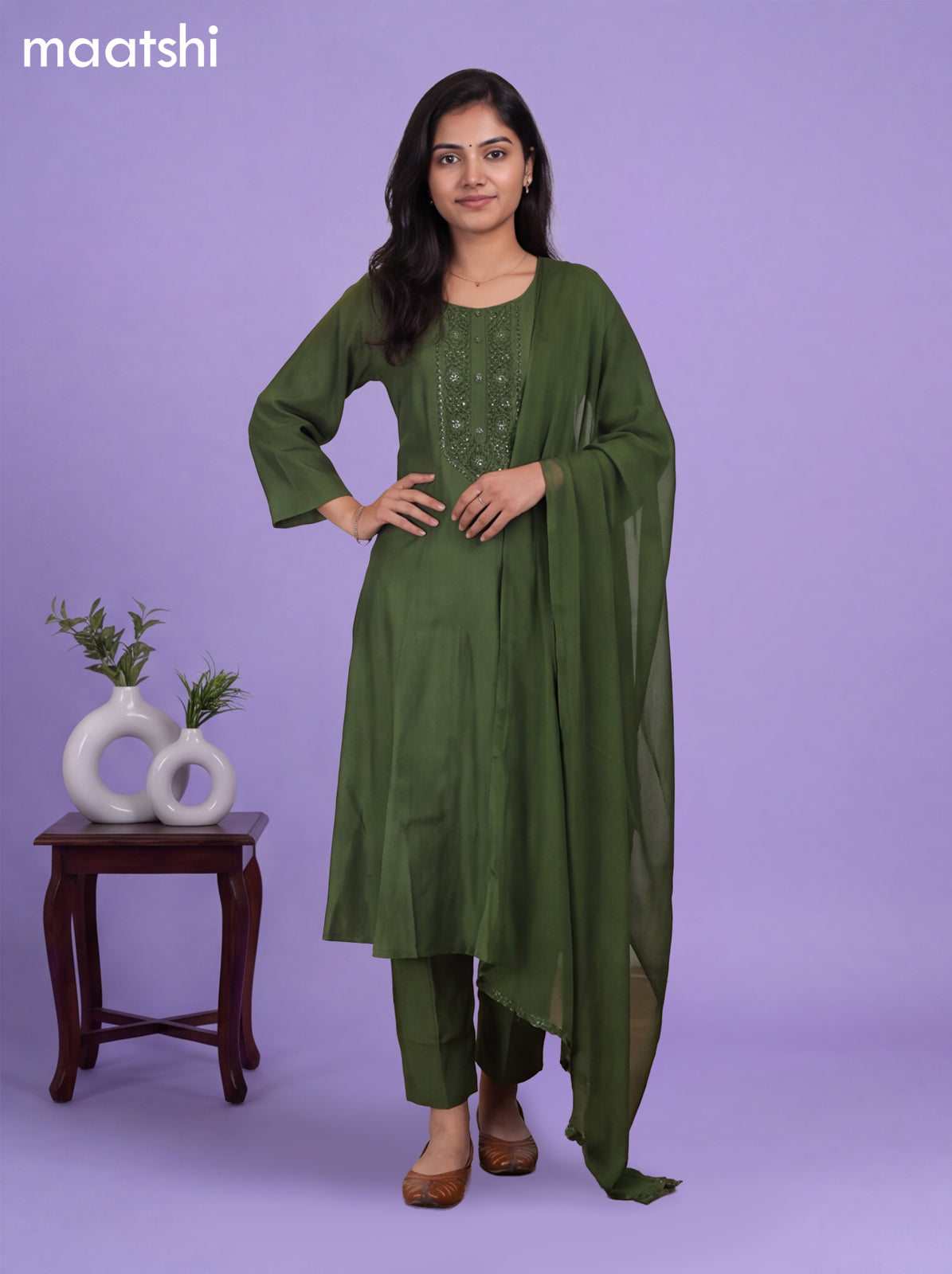 Sap Green Modal Embroidery Work A-Line Suit