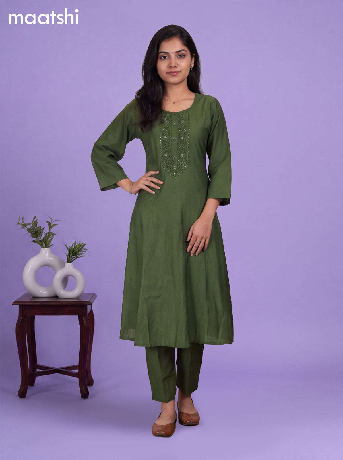 Sap Green Modal Embroidery Work A-Line Suit