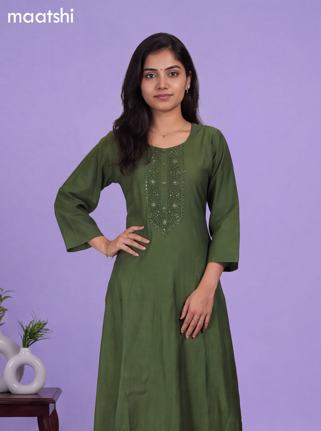 Sap Green Modal Embroidery Work A-Line Suit