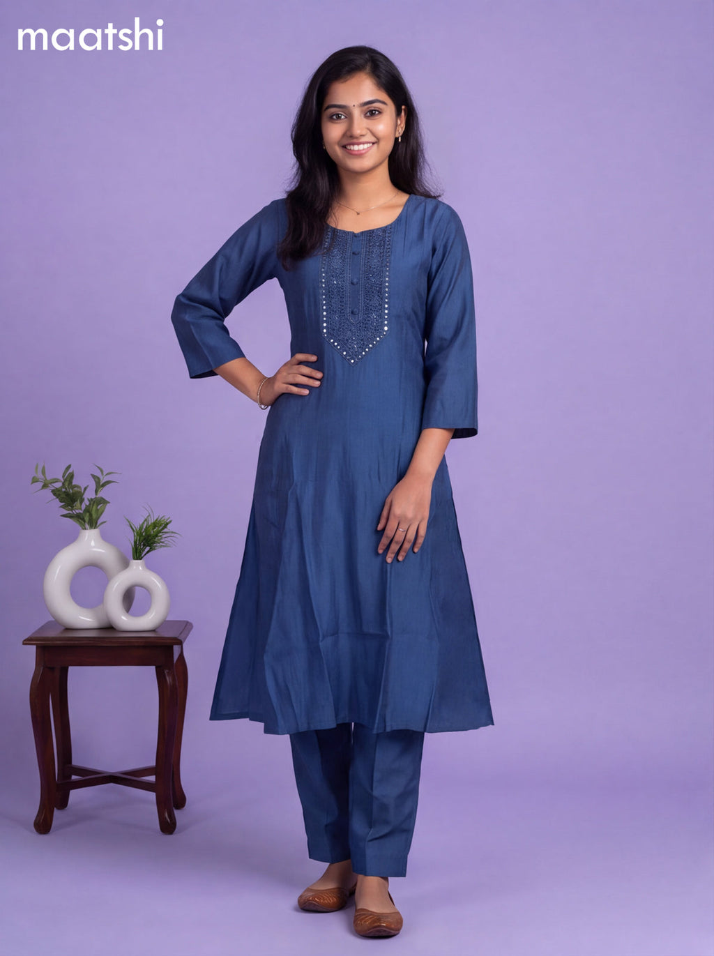 Navy Blue Modal Embroidery Work A-Line Suit