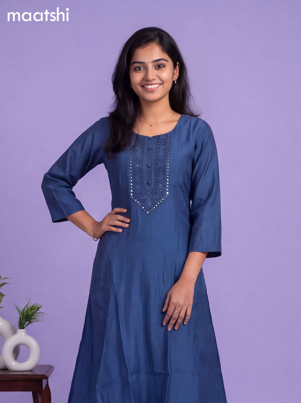 Navy Blue Modal Embroidery Work A-Line Suit