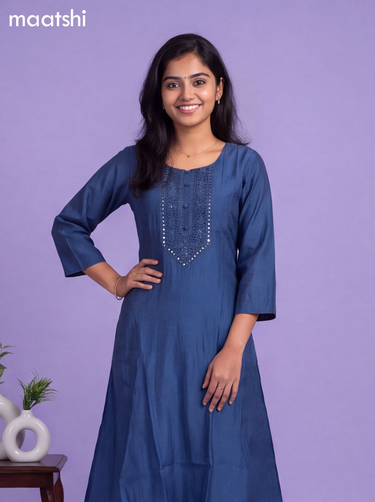 Navy Blue Modal Embroidery Work A-Line Suit