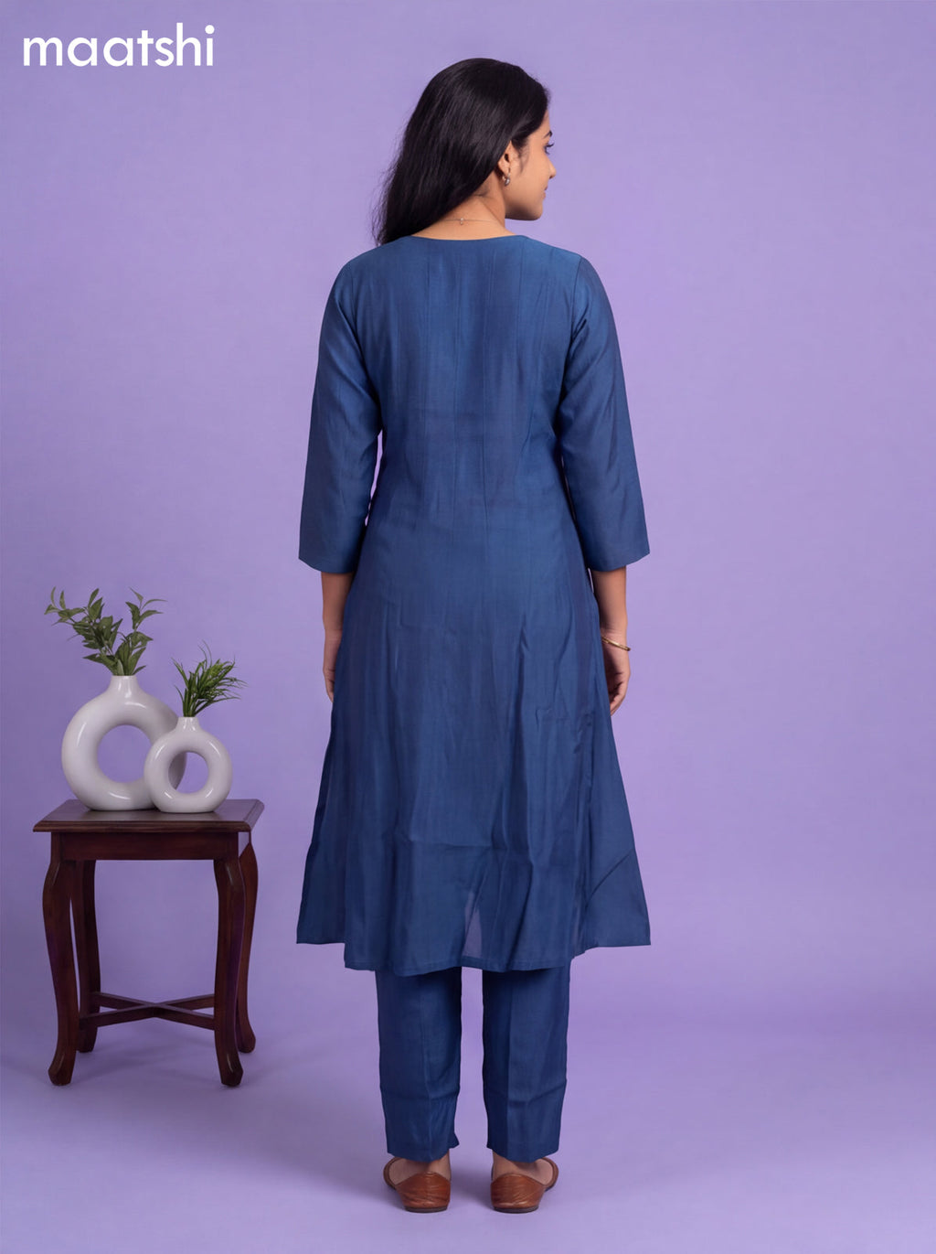 Navy Blue Modal Embroidery Work A-Line Suit