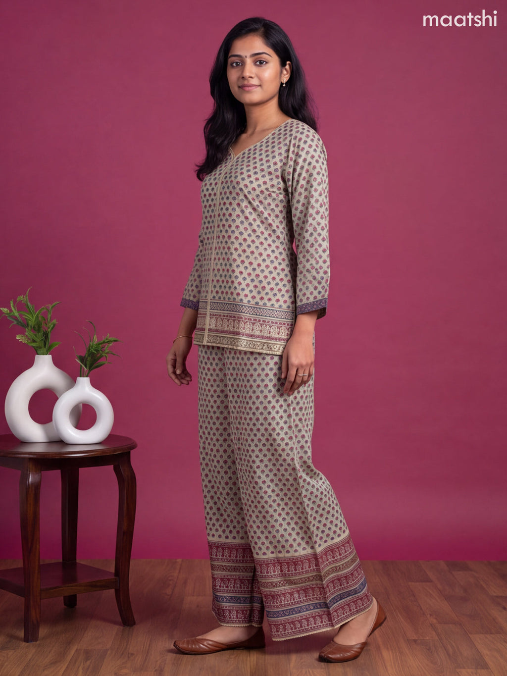 Beige and Maroon Muslin Printed Short Co-Ord Set