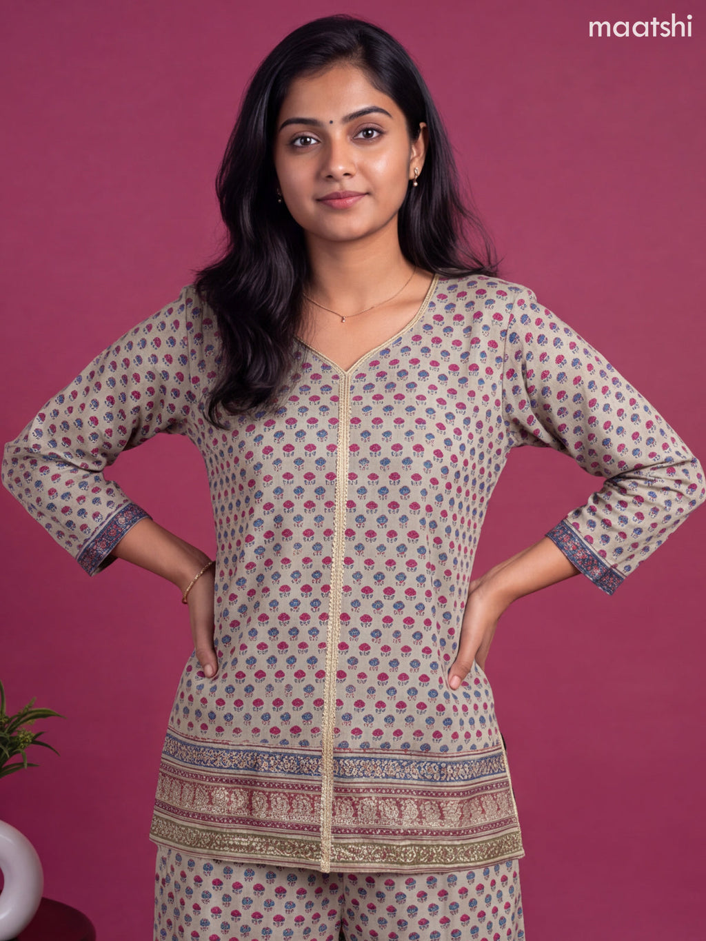 Beige and Maroon Muslin Printed Short Co-Ord Set