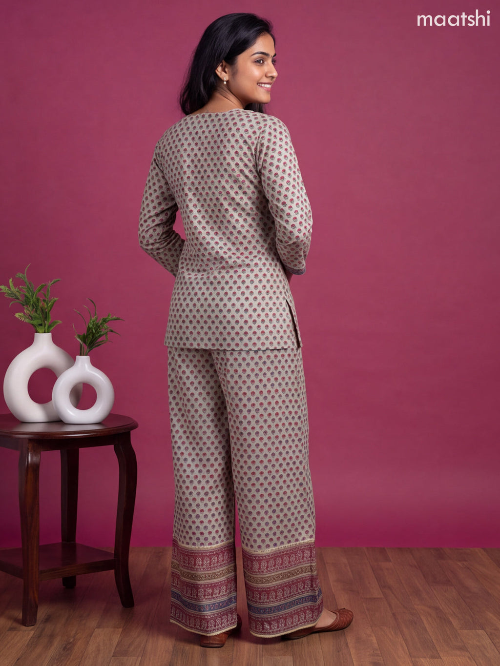 Beige and Maroon Muslin Printed Short Co-Ord Set