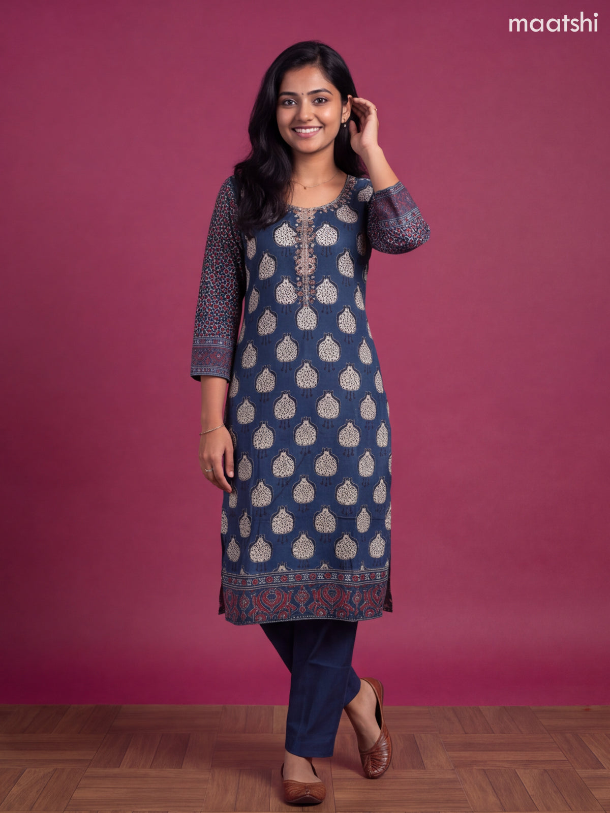 Navy Blue Crepe Silk Printed Straight Suit