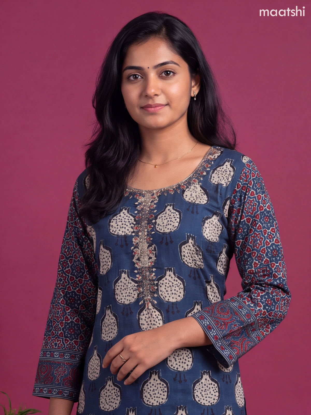 Navy Blue Crepe Silk Printed Straight Suit