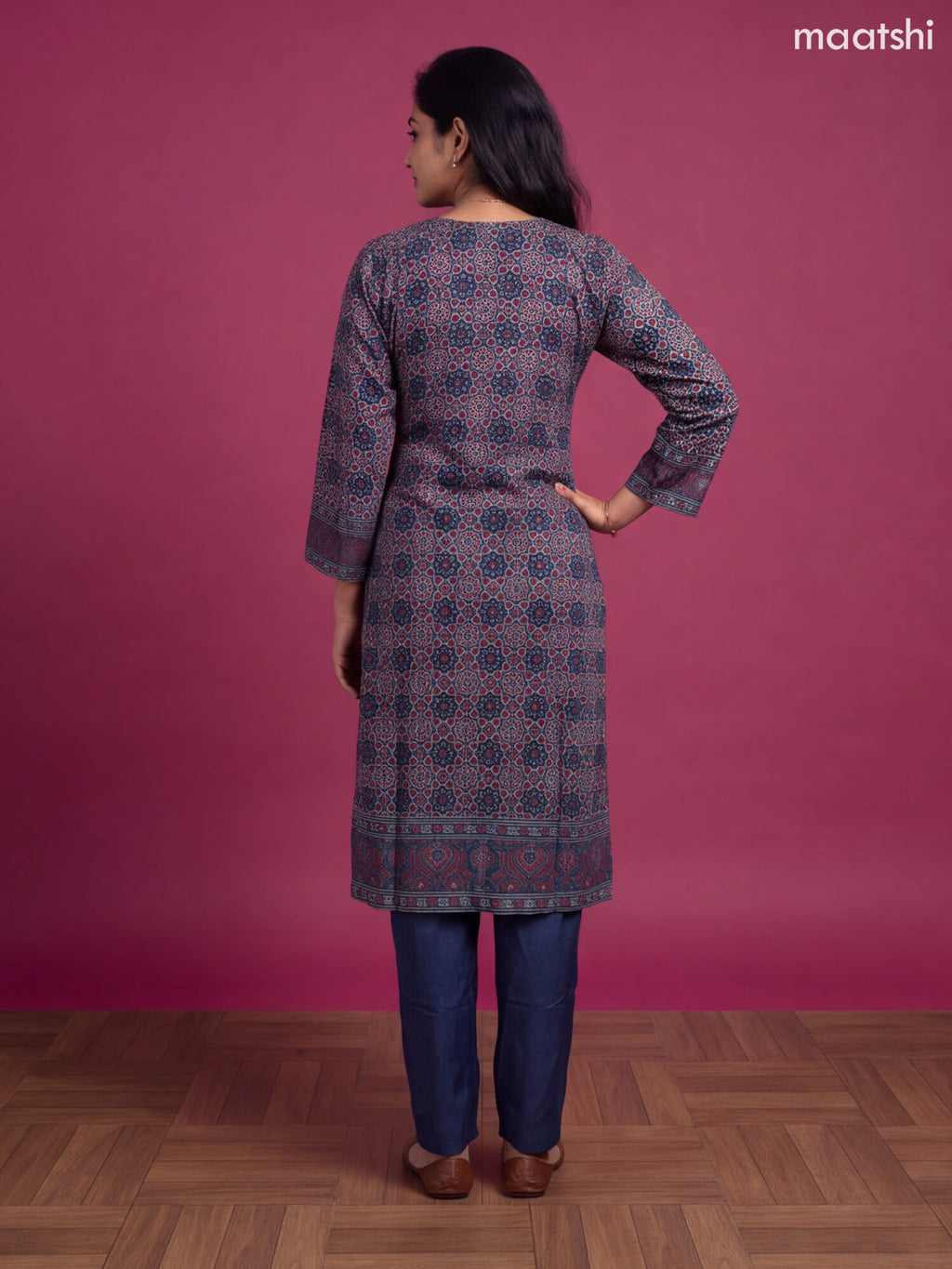 Navy Blue Crepe Silk Printed Straight Suit