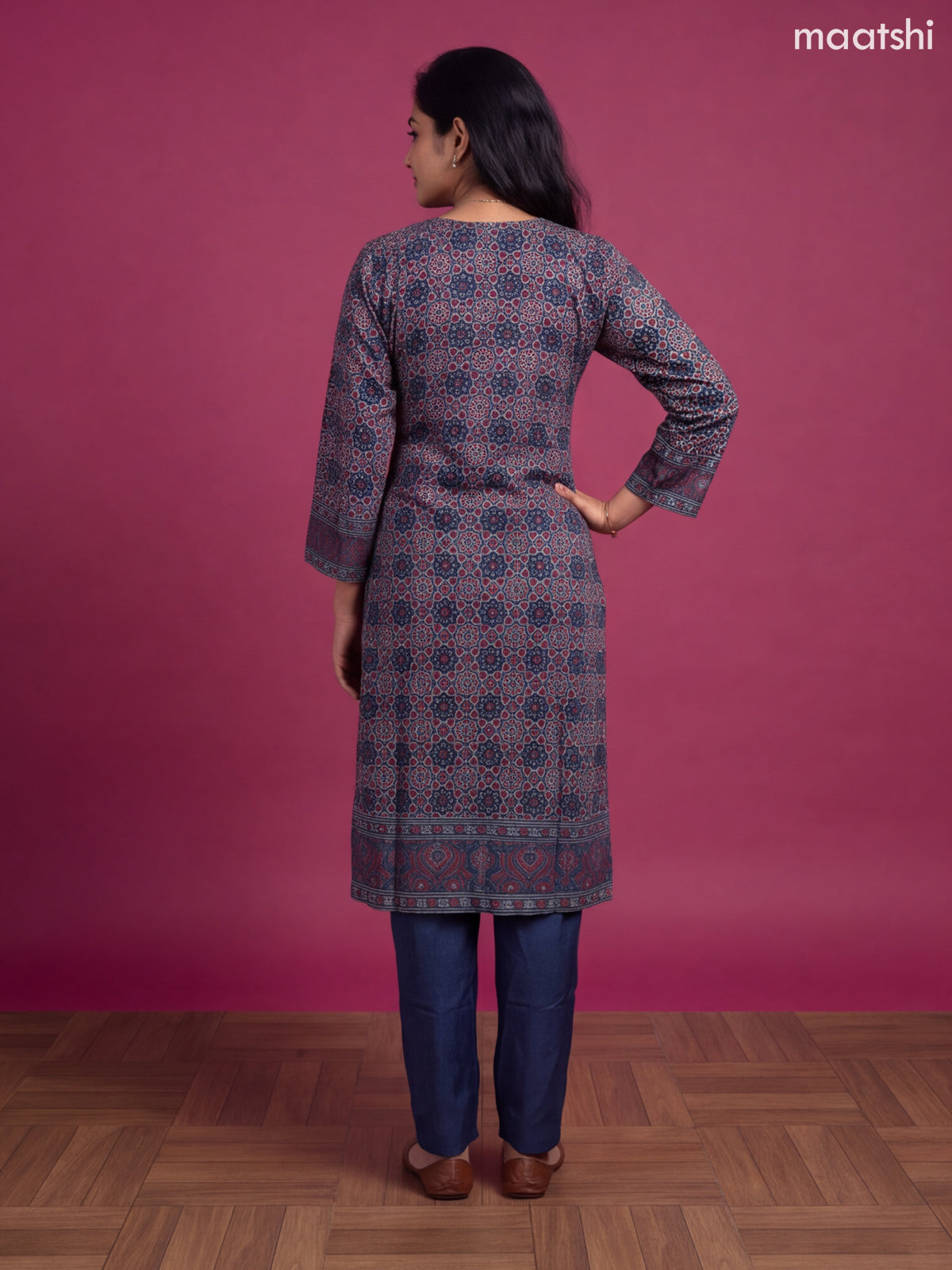 Navy Blue Crepe Silk Printed Straight Suit
