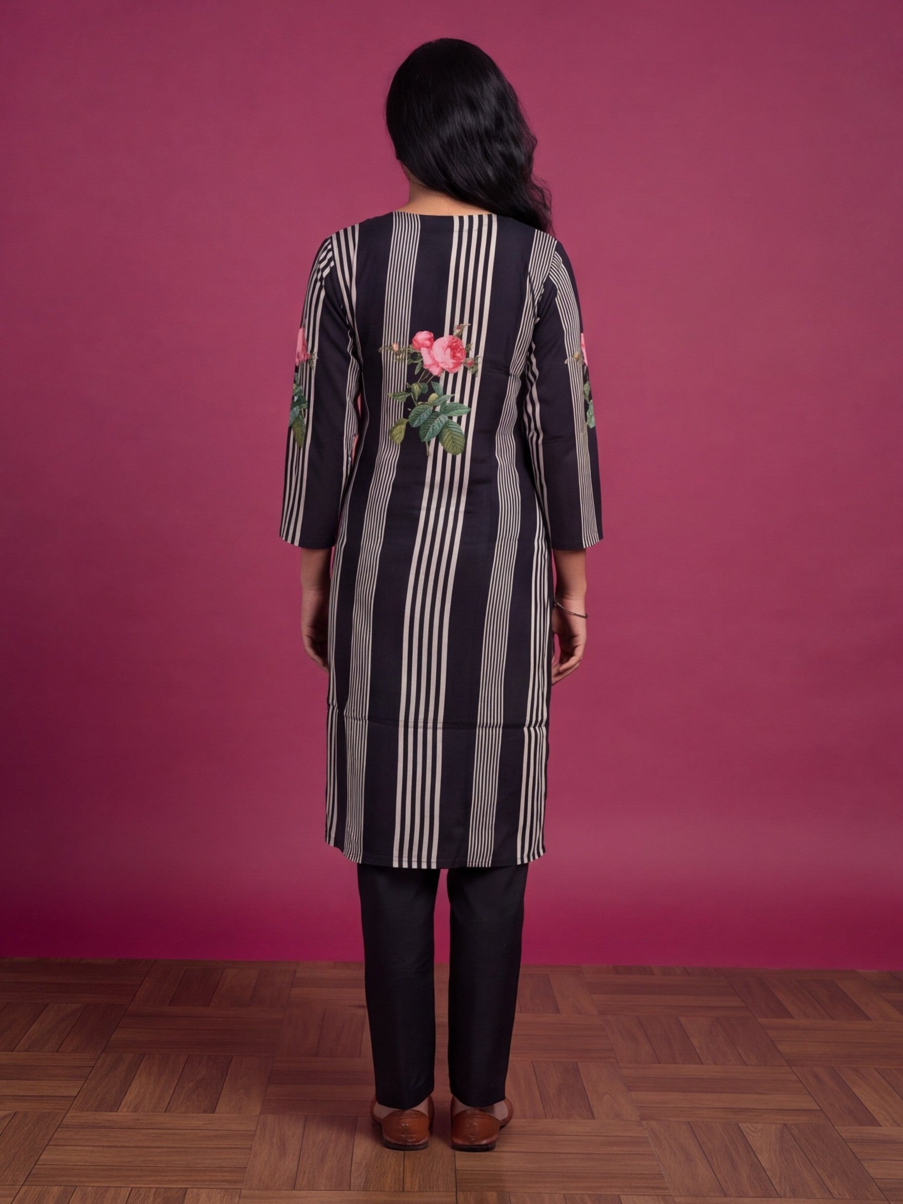 Black Crepe Silk Printed & Embroidery Work Straight Suit