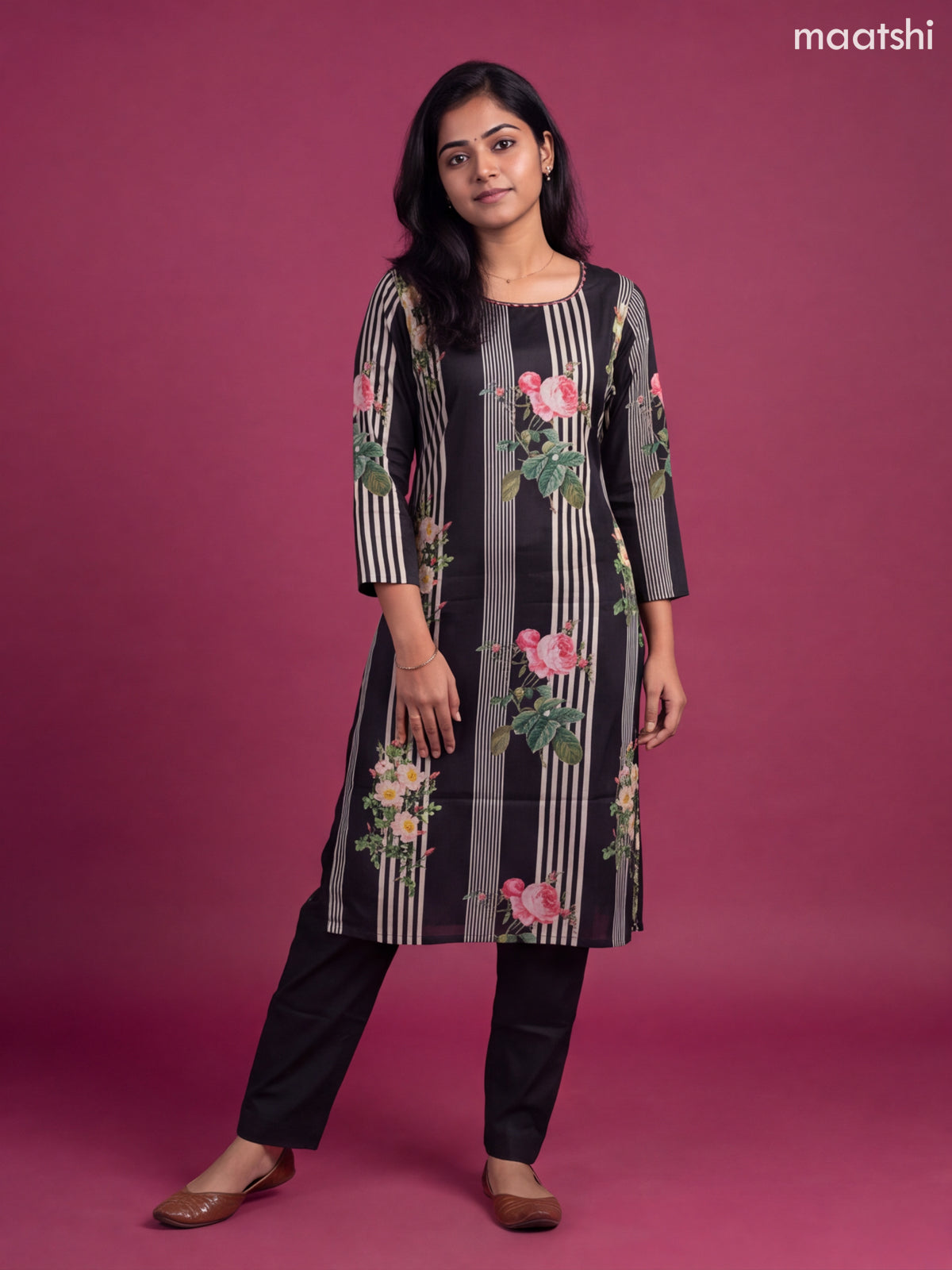 Black Crepe Silk Printed & Embroidery Work Straight Suit