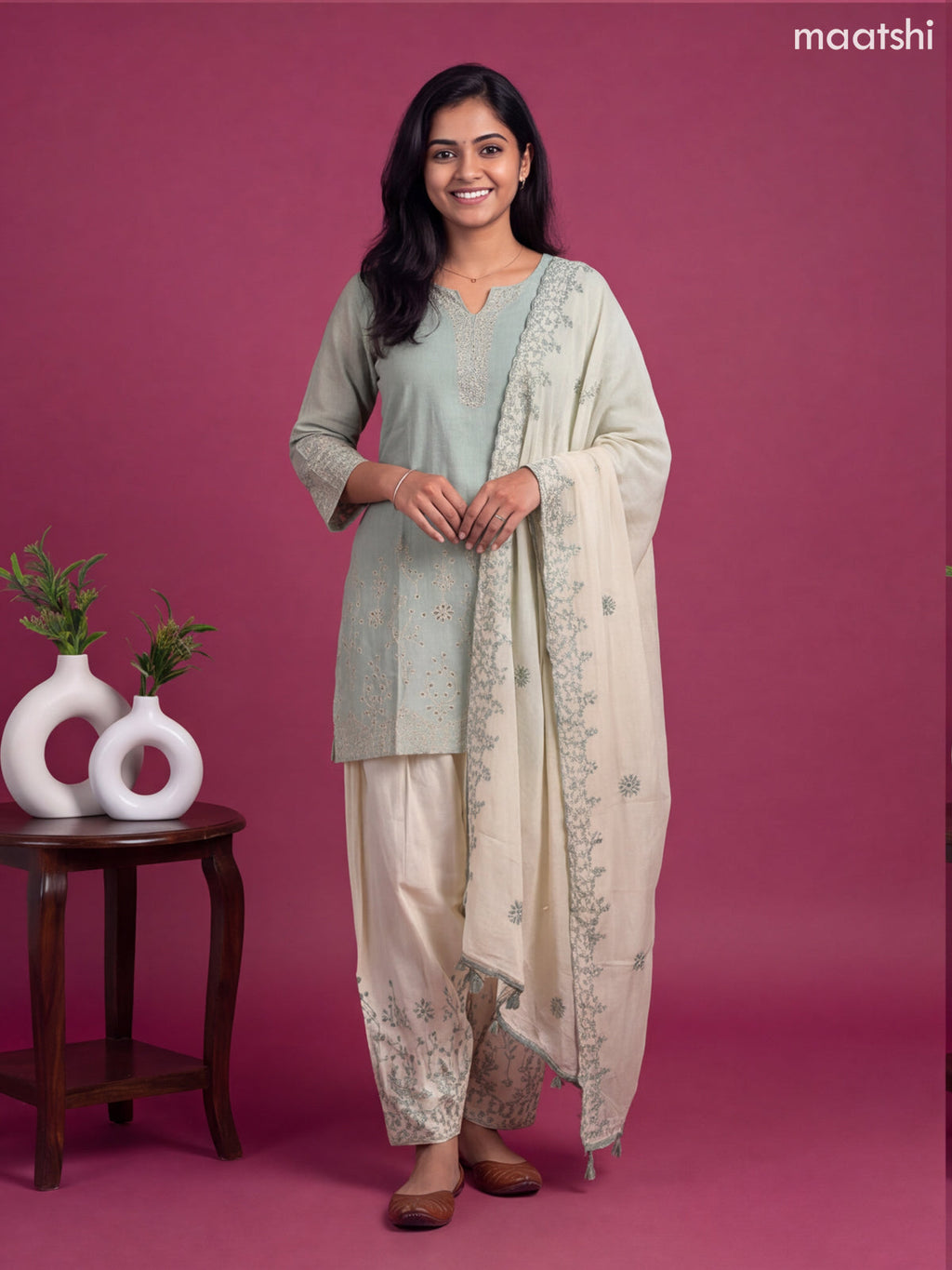 Pastel Blue and Cream Cotton Embroidery Work Straight Suit