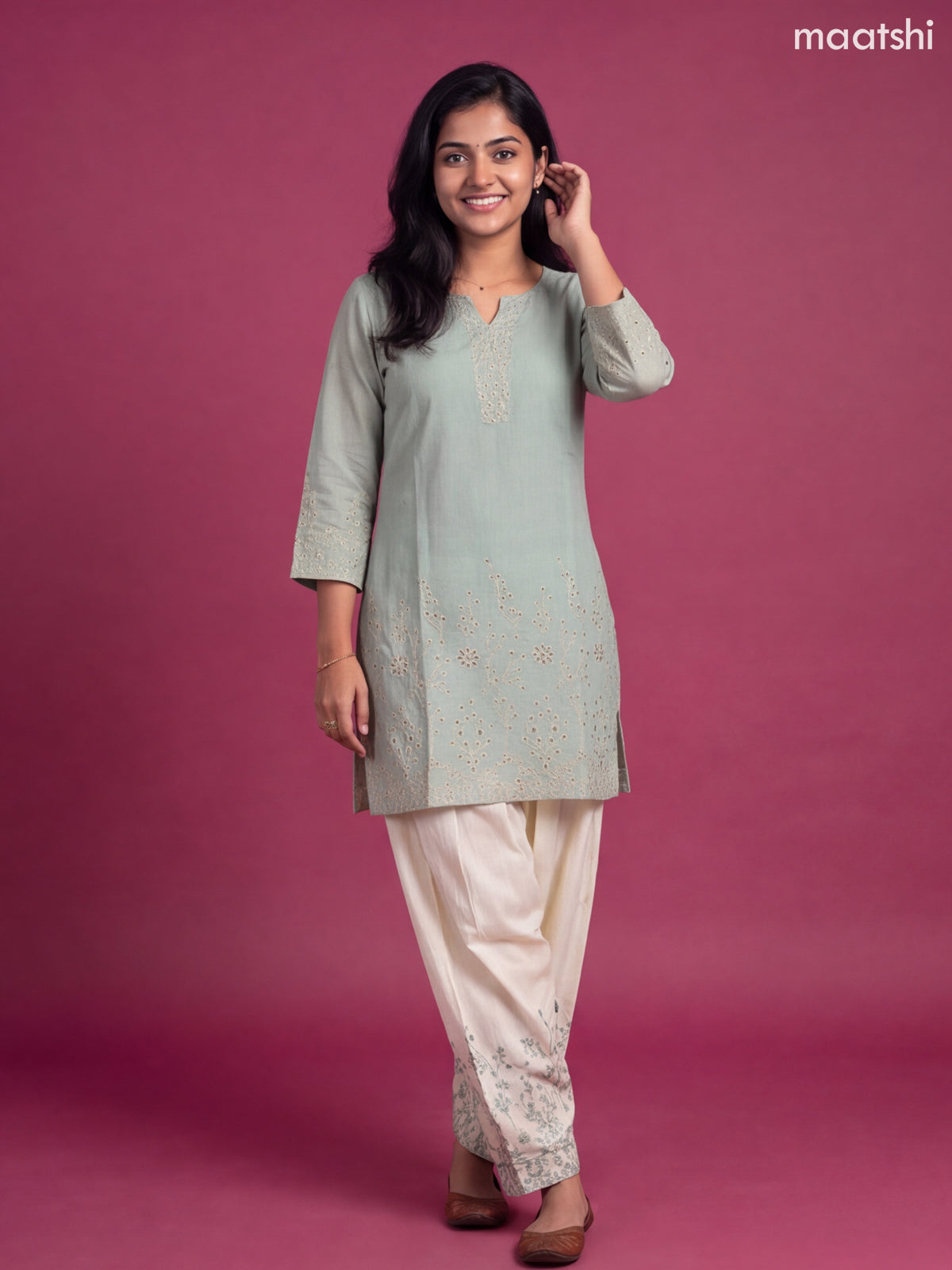Pastel Blue and Cream Cotton Embroidery Work Straight Suit