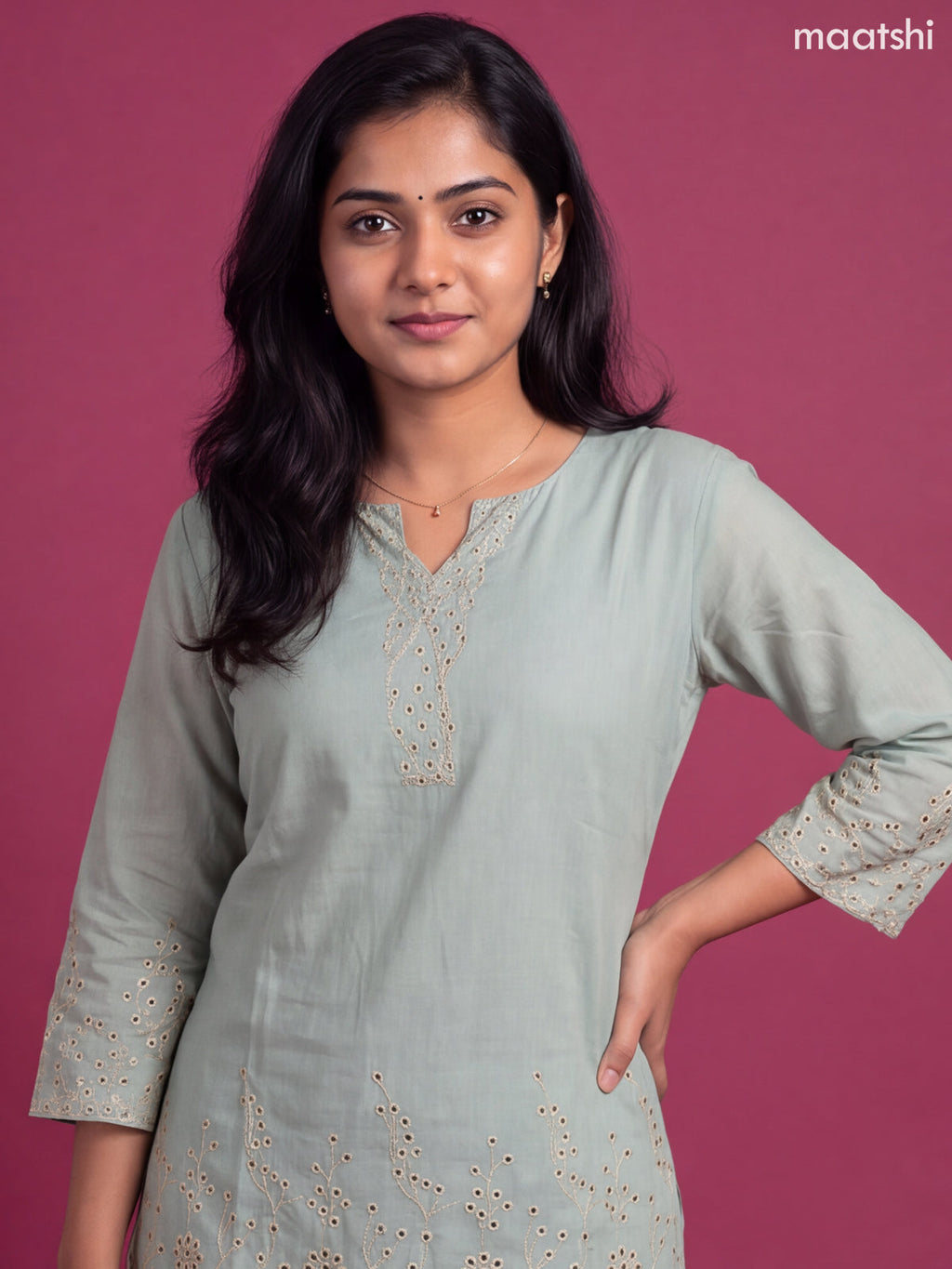 Pastel Blue and Cream Cotton Embroidery Work Straight Suit