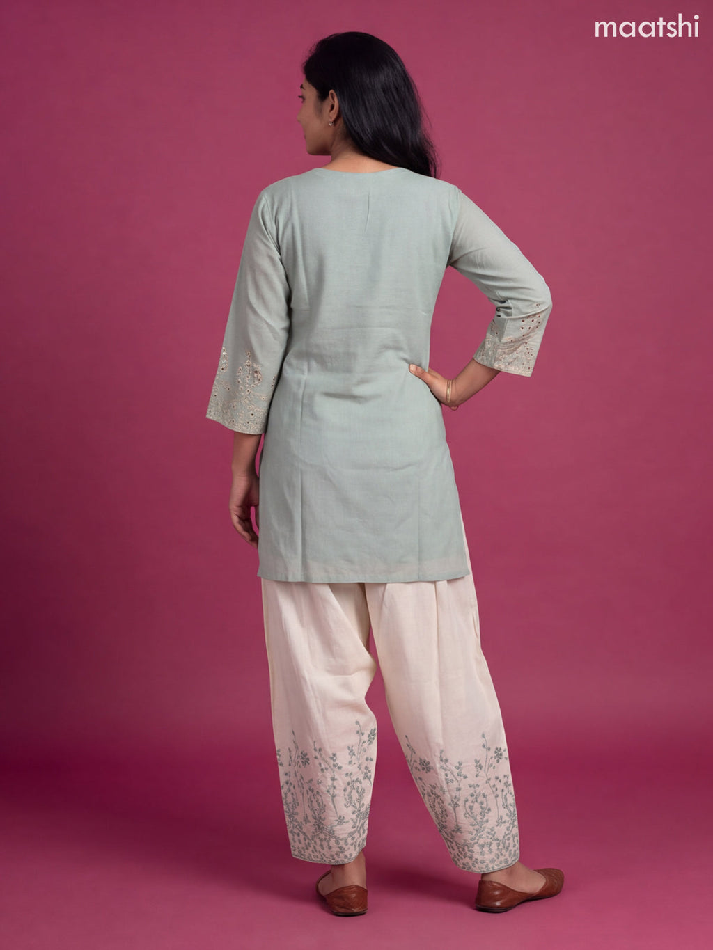Pastel Blue and Cream Cotton Embroidery Work Straight Suit