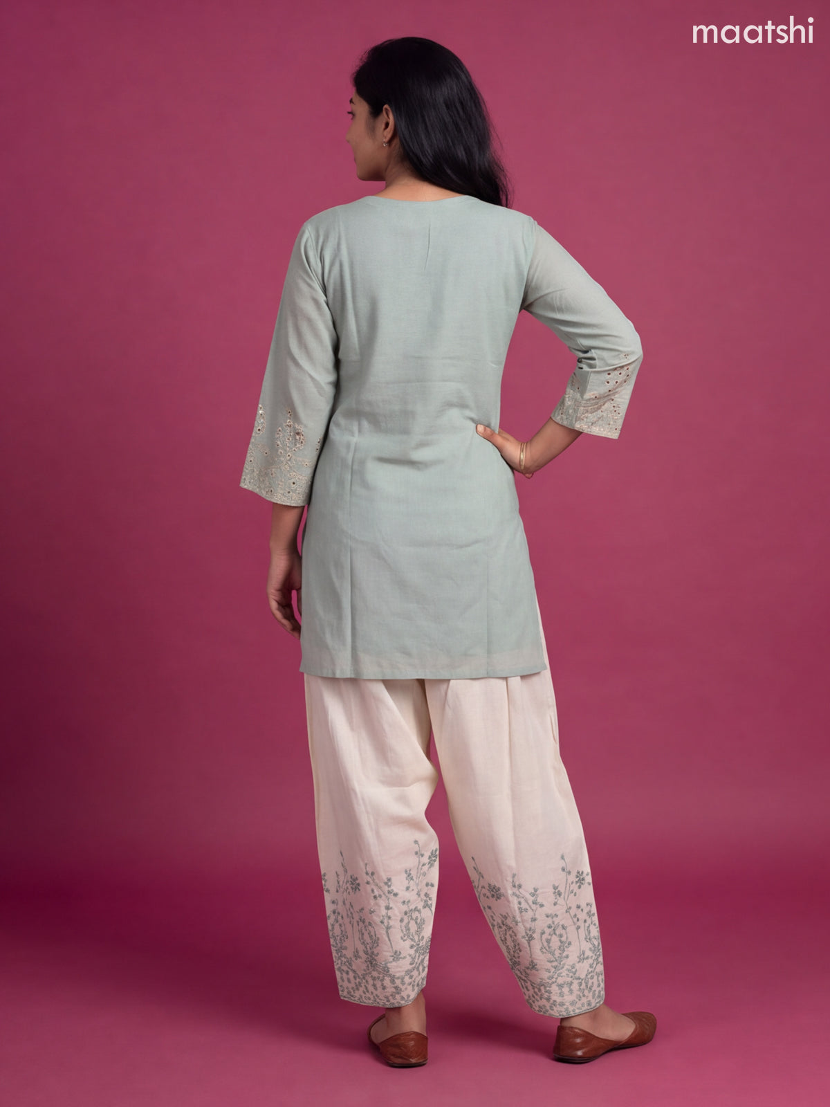 Pastel Blue and Cream Cotton Embroidery Work Straight Suit