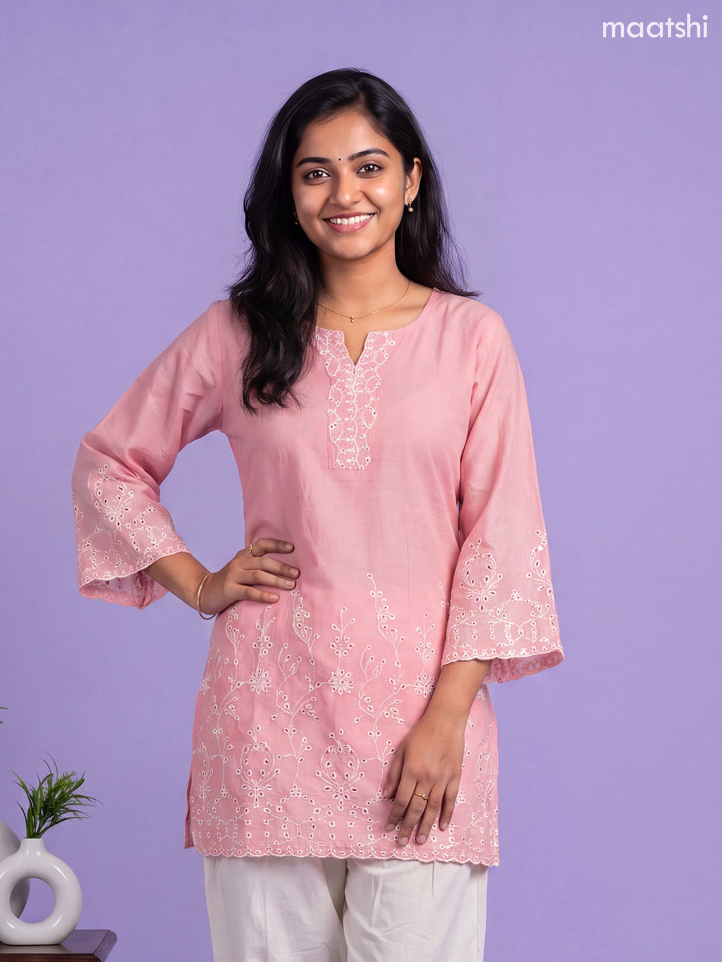 Pink and Off White Cotton Embroidery Work Straight Suit