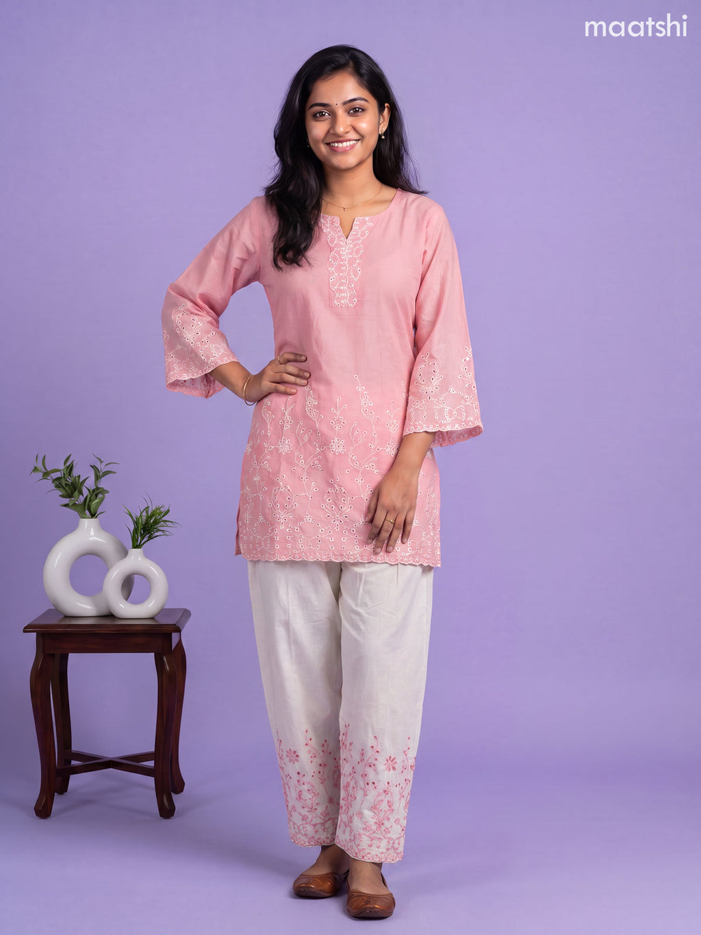 Pink and Off White Cotton Embroidery Work Straight Suit