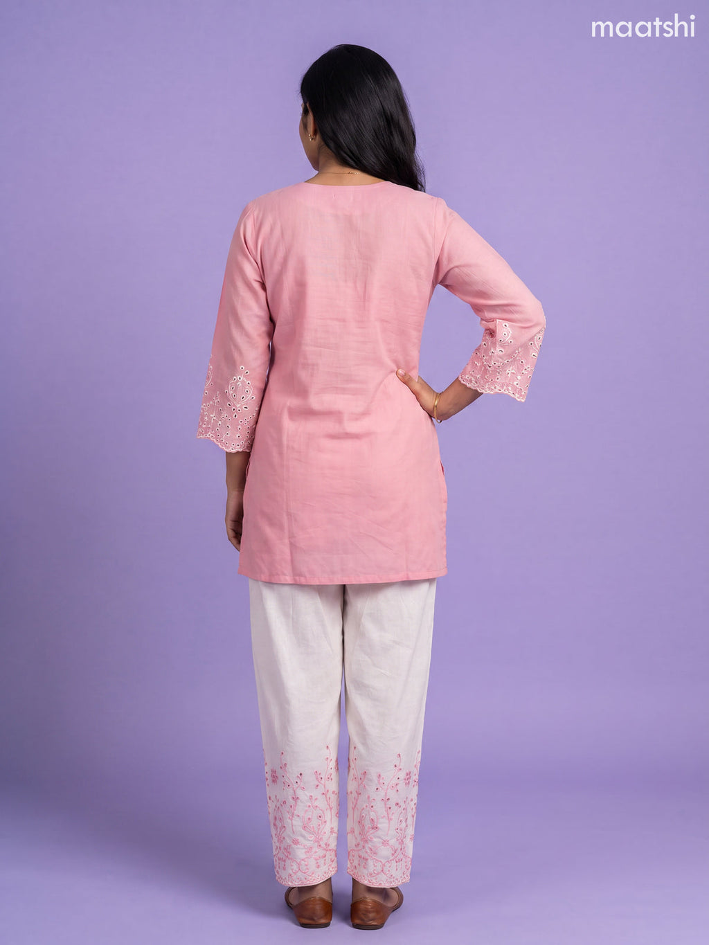 Pink and Off White Cotton Embroidery Work Straight Suit