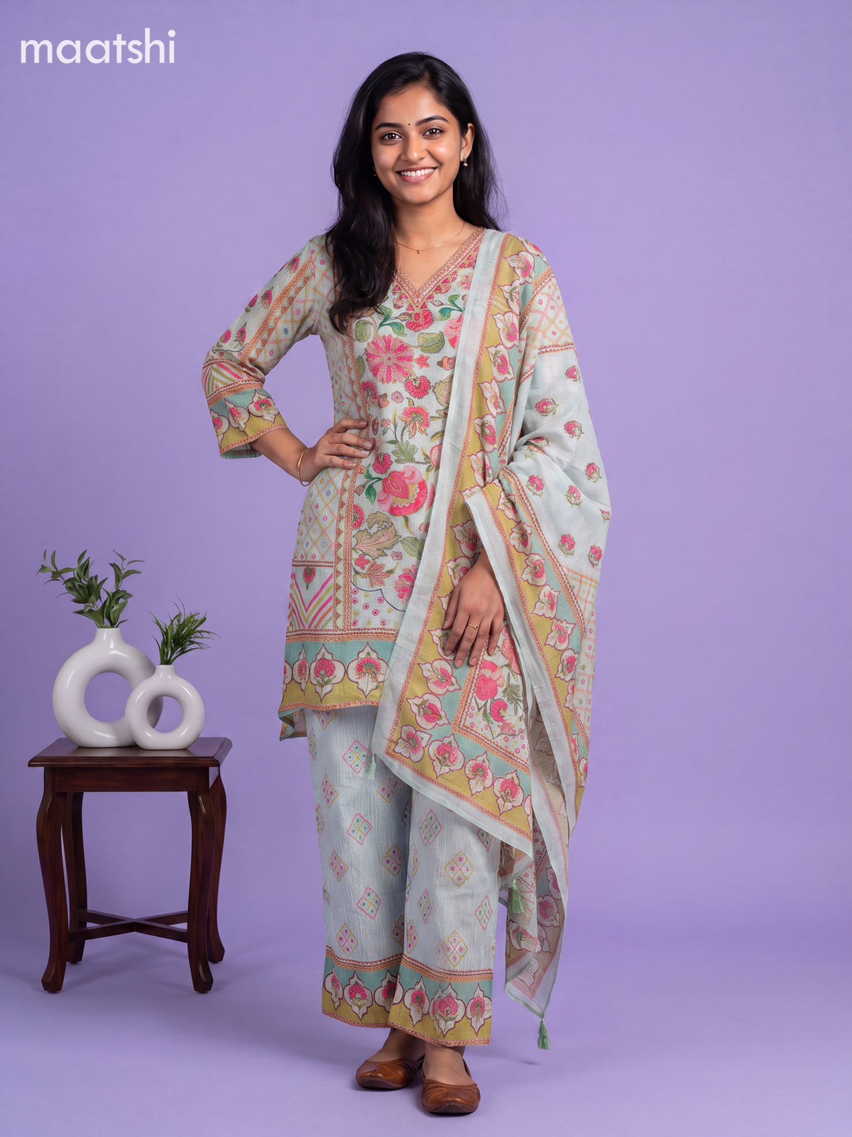 Light Blue Tissue Floral Printed & Embroidery Work Anarkali Suit