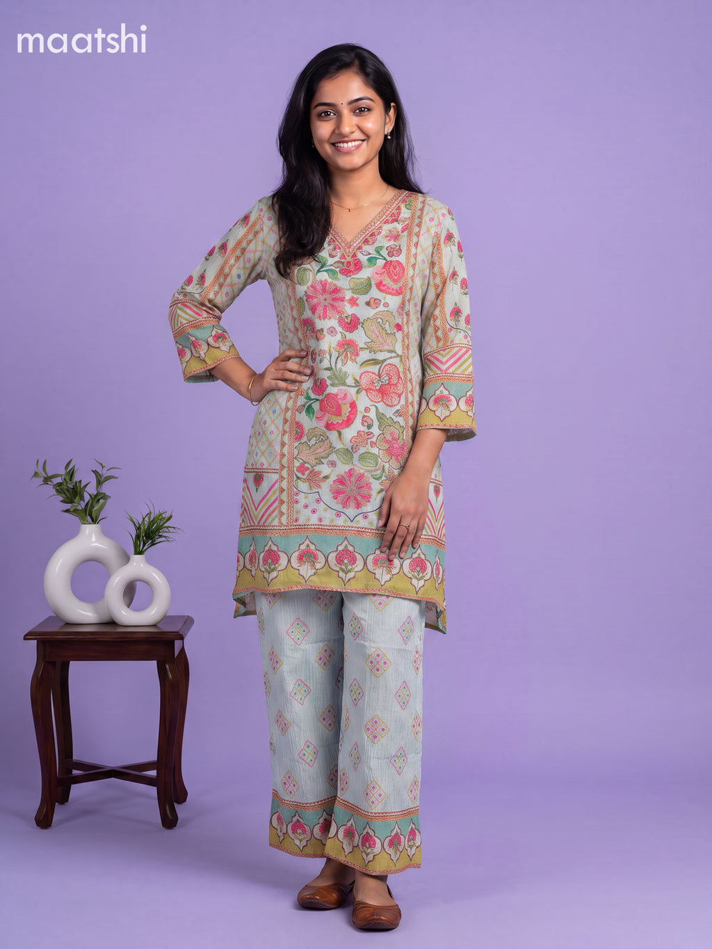 Light Blue Tissue Floral Printed & Embroidery Work Anarkali Suit
