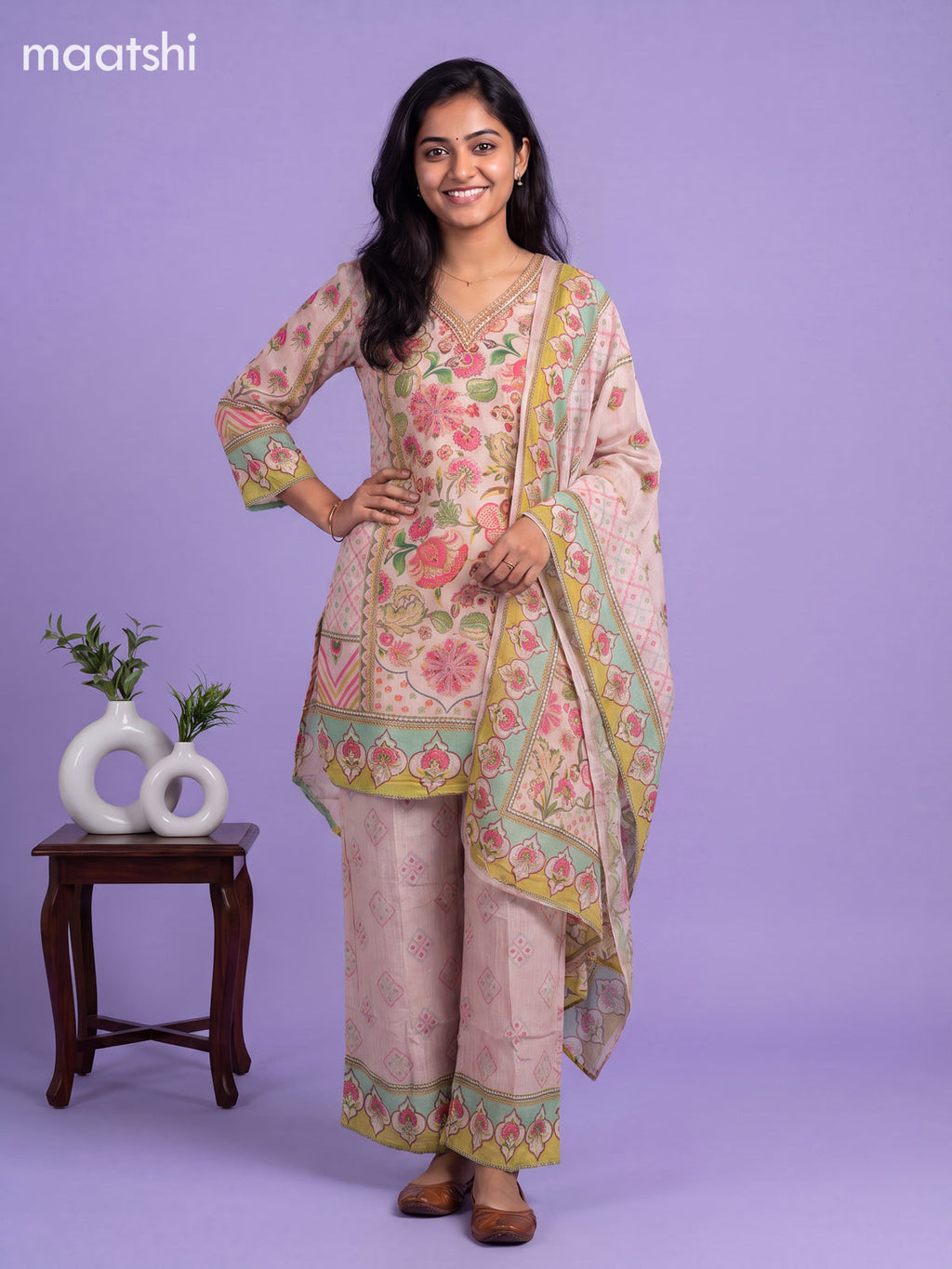 Pink Tissue Floral Printed & Embroidery Work Anarkali Suit