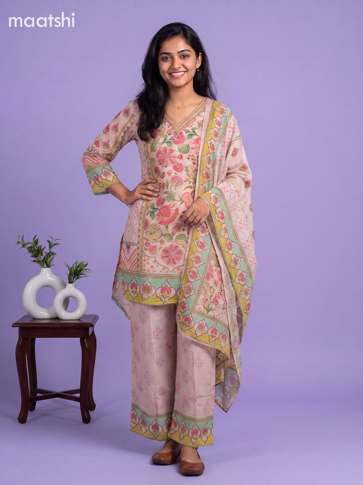 Pink Tissue Floral Printed & Embroidery Work Anarkali Suit